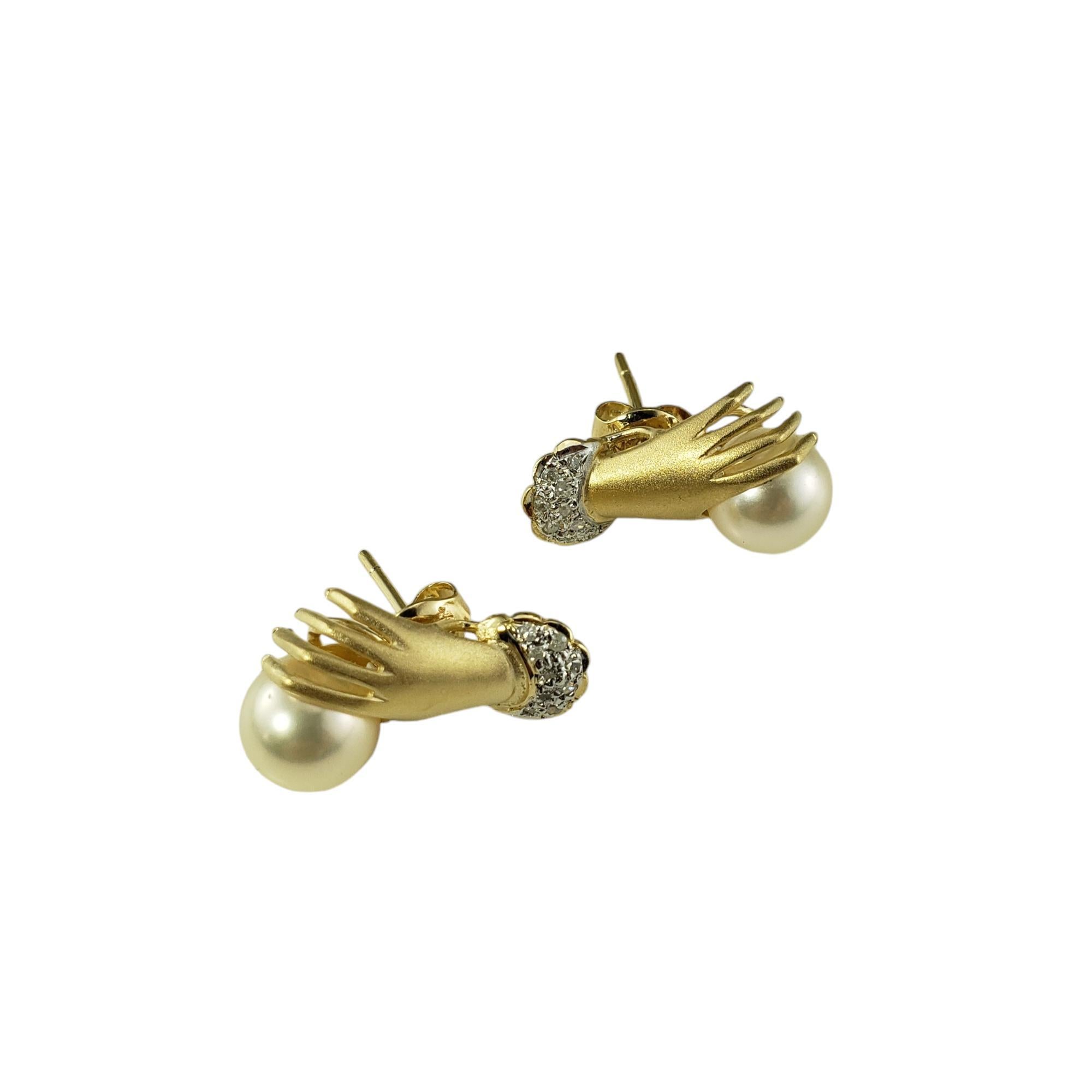 Single Cut 14 Karat Yellow Gold and Diamond Cuffed Hand Holding Pearl Stud Earrings #19527 For Sale
