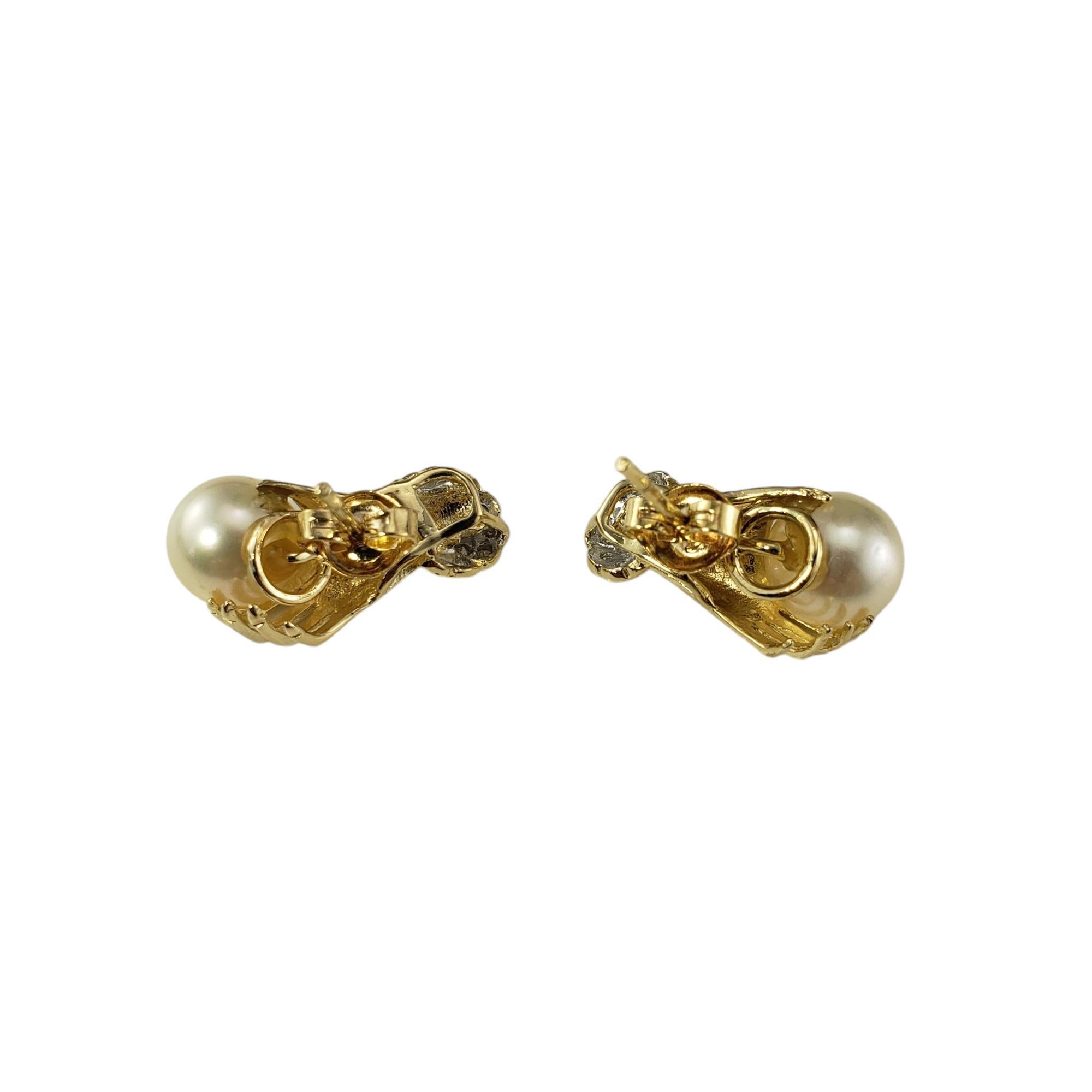 Women's 14 Karat Yellow Gold and Diamond Cuffed Hand Holding Pearl Stud Earrings #19527 For Sale
