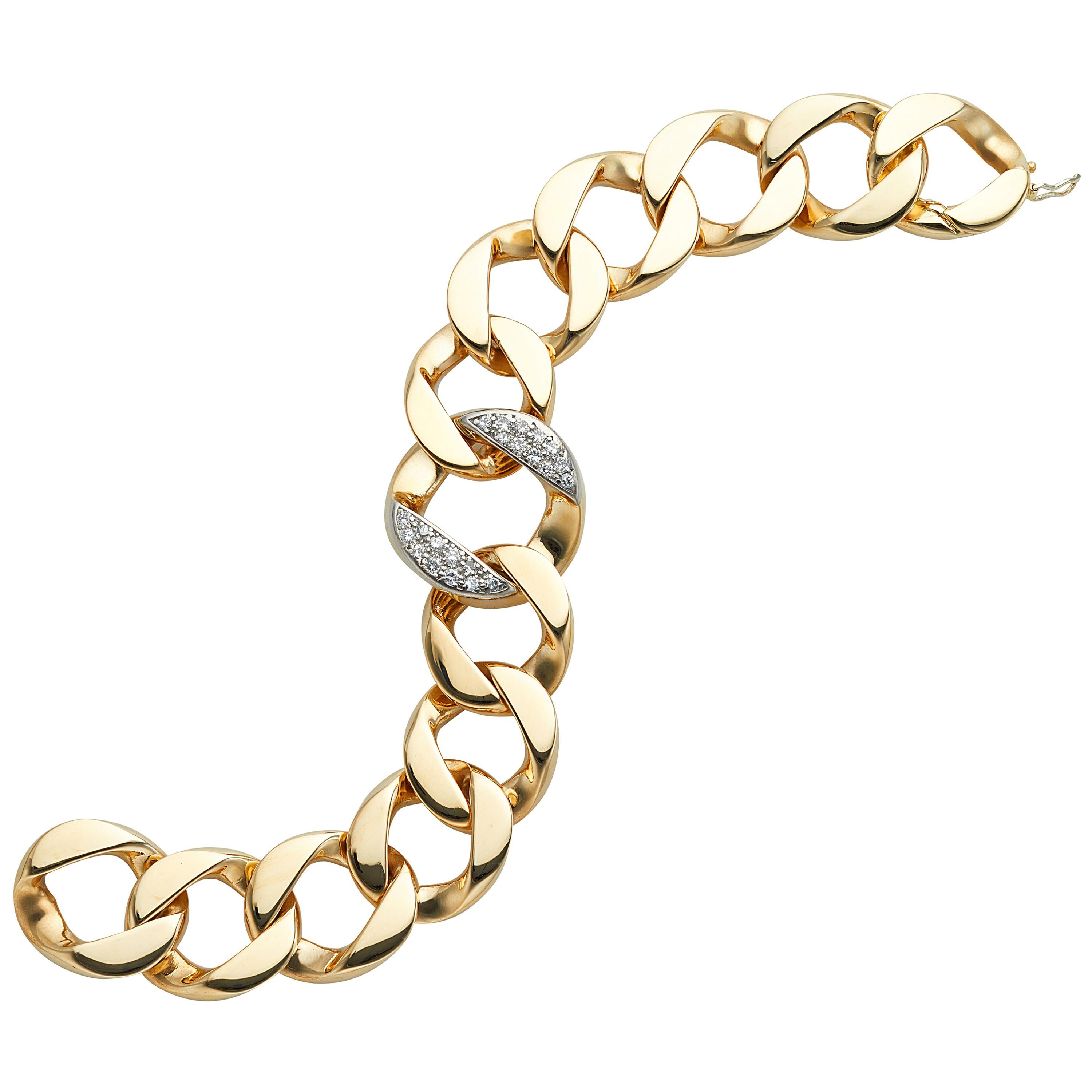 14 Karat Yellow Gold and Diamond Curb Link Bracelet
