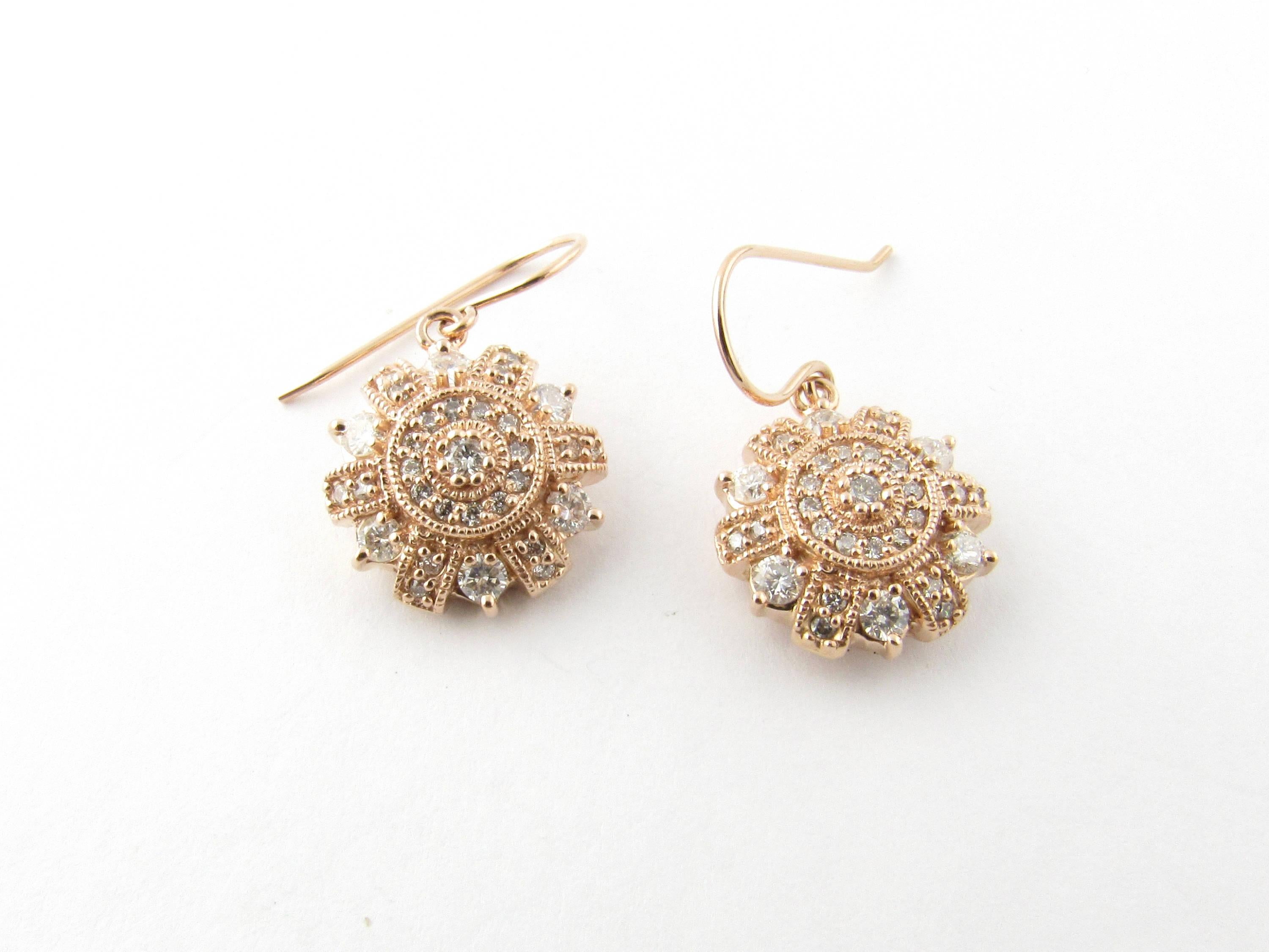 Vintage 14 Karat Rose Gold and Diamond Dangle Earrings

These dazzling earrings each feature 25 round brilliant cut diamonds (.45 ct. twt. each earring) set in beautifully detailed 14K rose gold. French wire closures measure 11 mm. Matching necklace