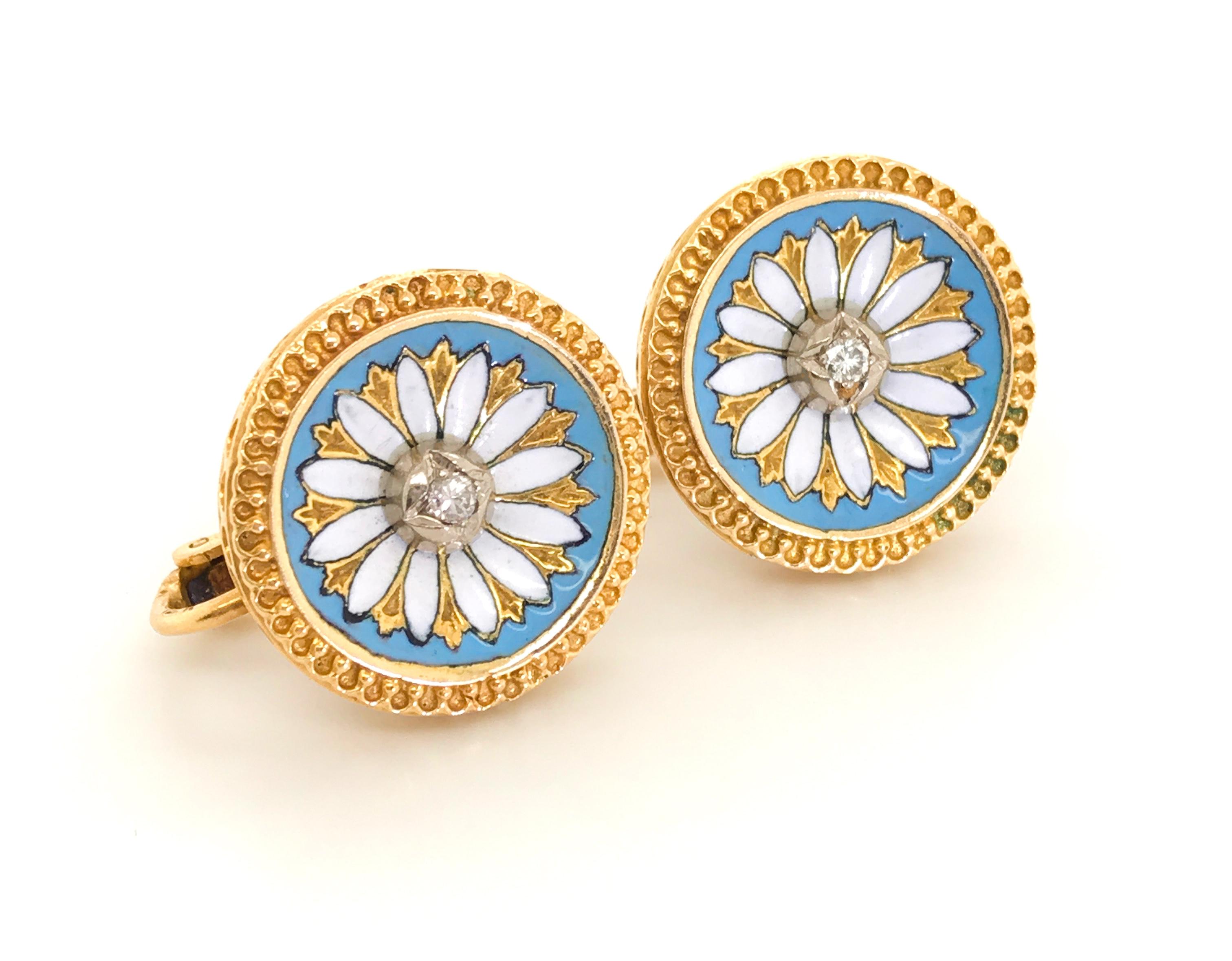 Round Cut 14 Karat Yellow Gold and Diamond Enamel Earrings For Sale