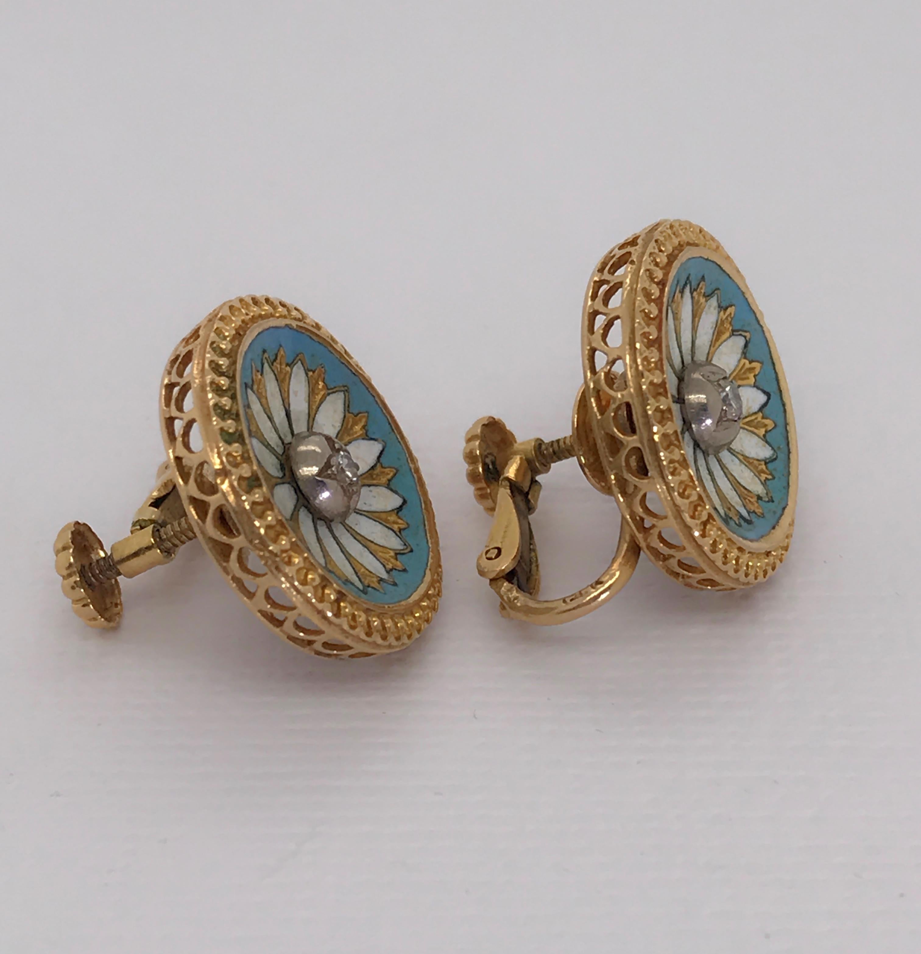 14 Karat Yellow Gold and Diamond Enamel Earrings For Sale 6