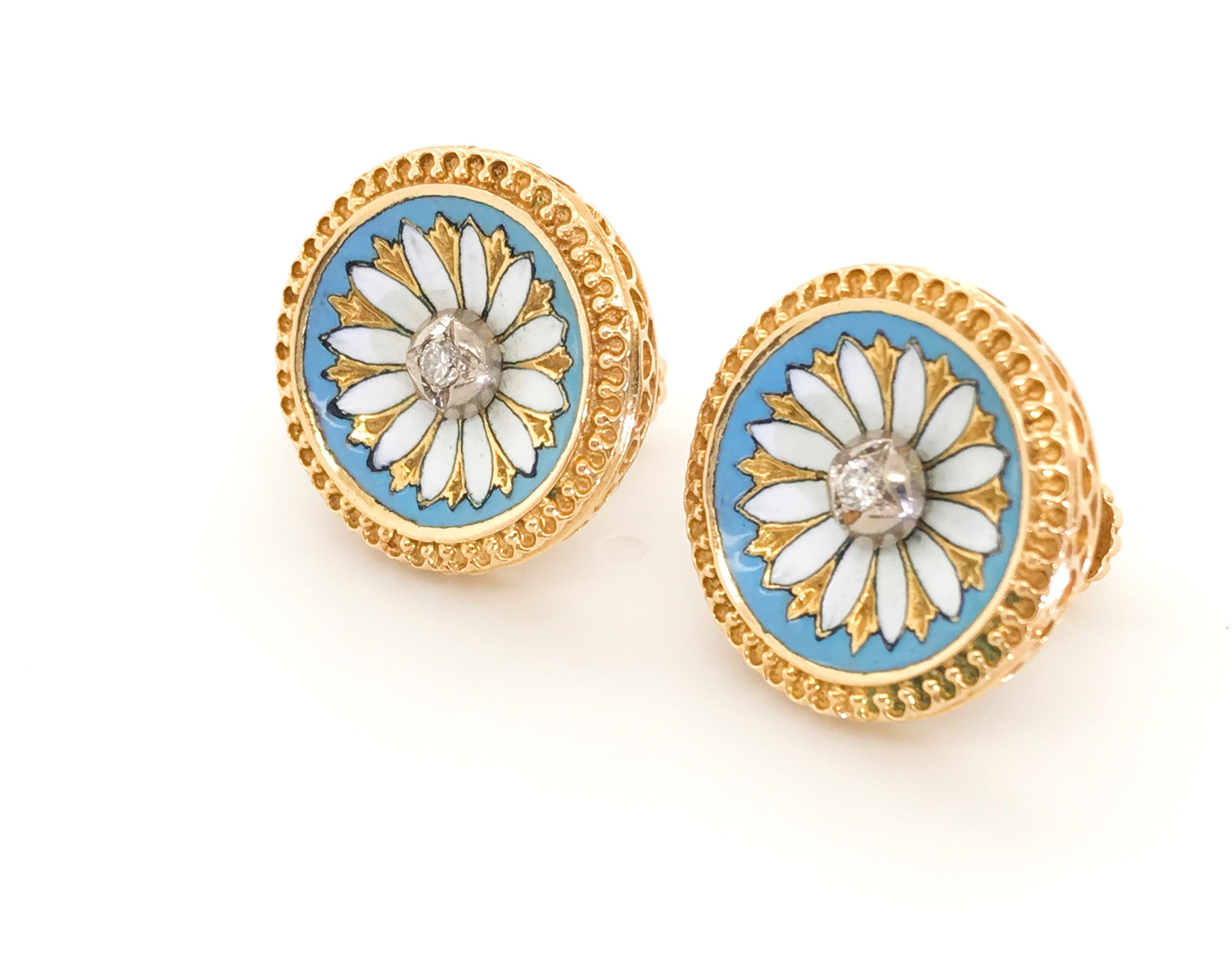 14 Karat Yellow Gold and Diamond Enamel Earrings In Good Condition For Sale In QLD , AU