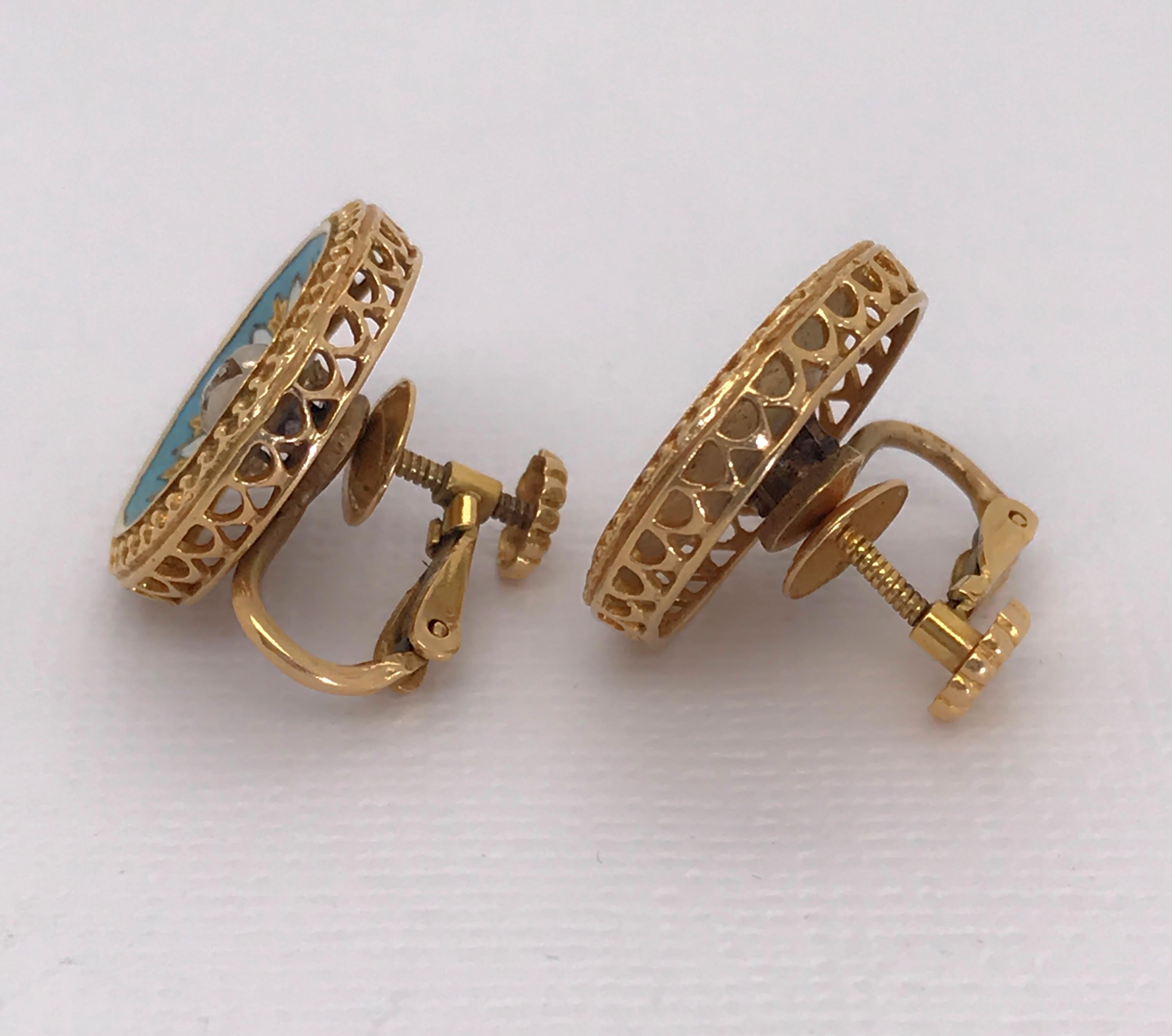 14 Karat Yellow Gold and Diamond Enamel Earrings For Sale 10
