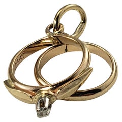 14 Karat Yellow Gold and Diamond Engagement Ring and Wedding Band Charm