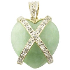 Vintage 14 Karat Yellow Gold and Diamond Green Marble Heart Pendant