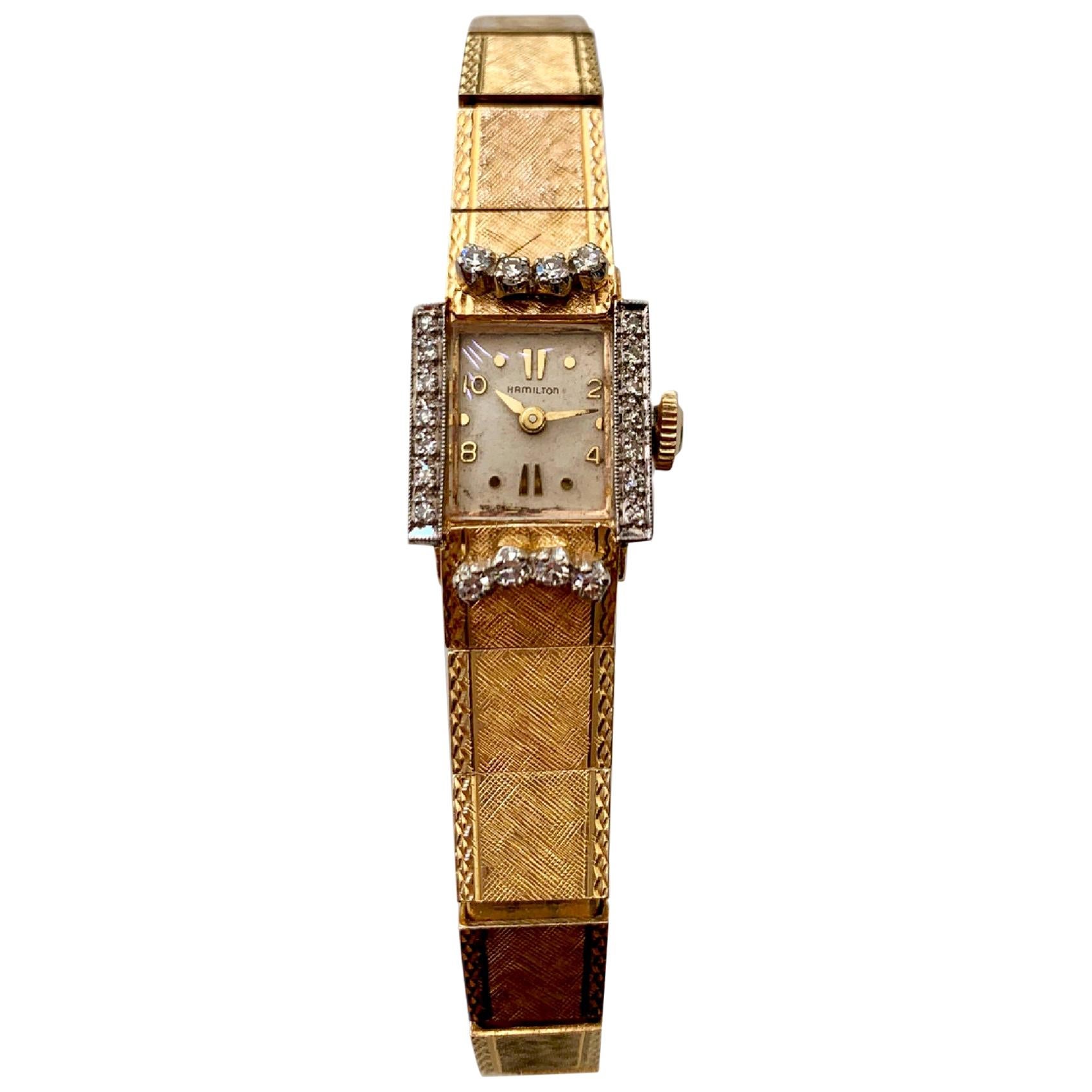 14 Karat Yellow Gold and Diamond Hamilton Watch For Sale