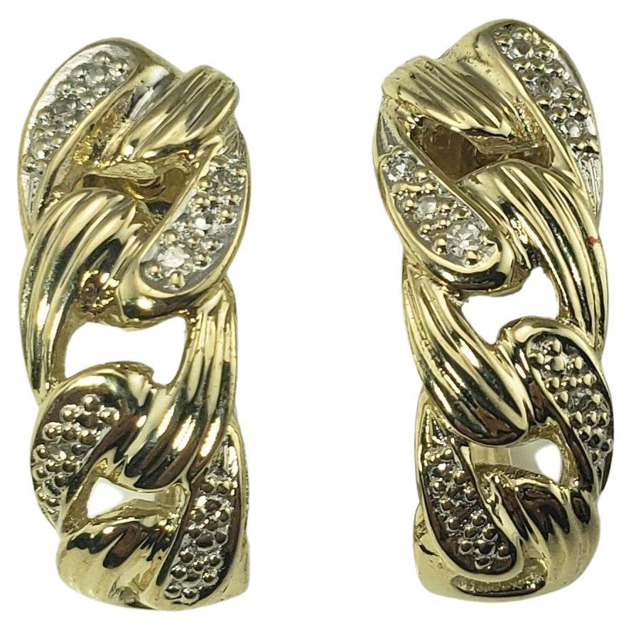 14 Karat Yellow Gold and Diamond Hoop Earrings For Sale