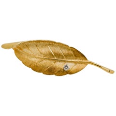 14 Karat Yellow Gold and Diamond Leaf Pin