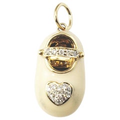Vintage 14 Karat Yellow Gold and Diamond Pink Enamel Baby Shoe Charm