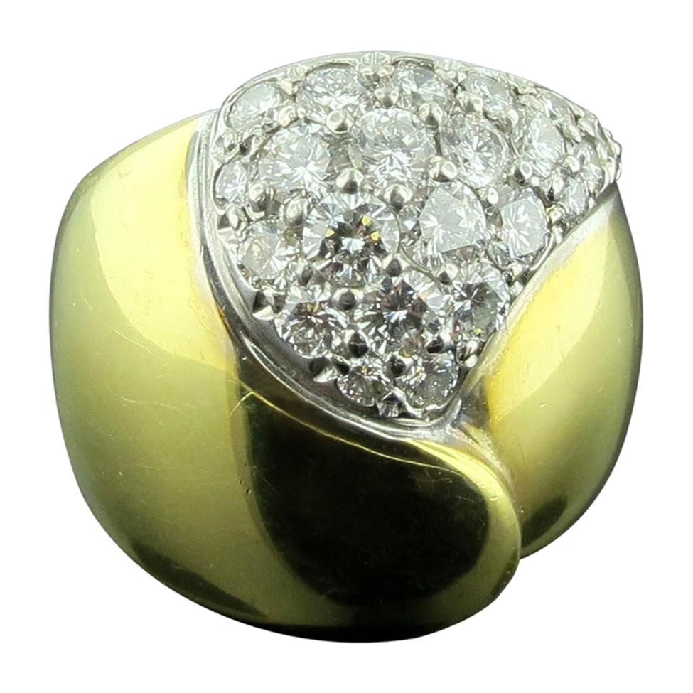 14 Karat Yellow Gold and Diamond Heart Shaped Dome Ring