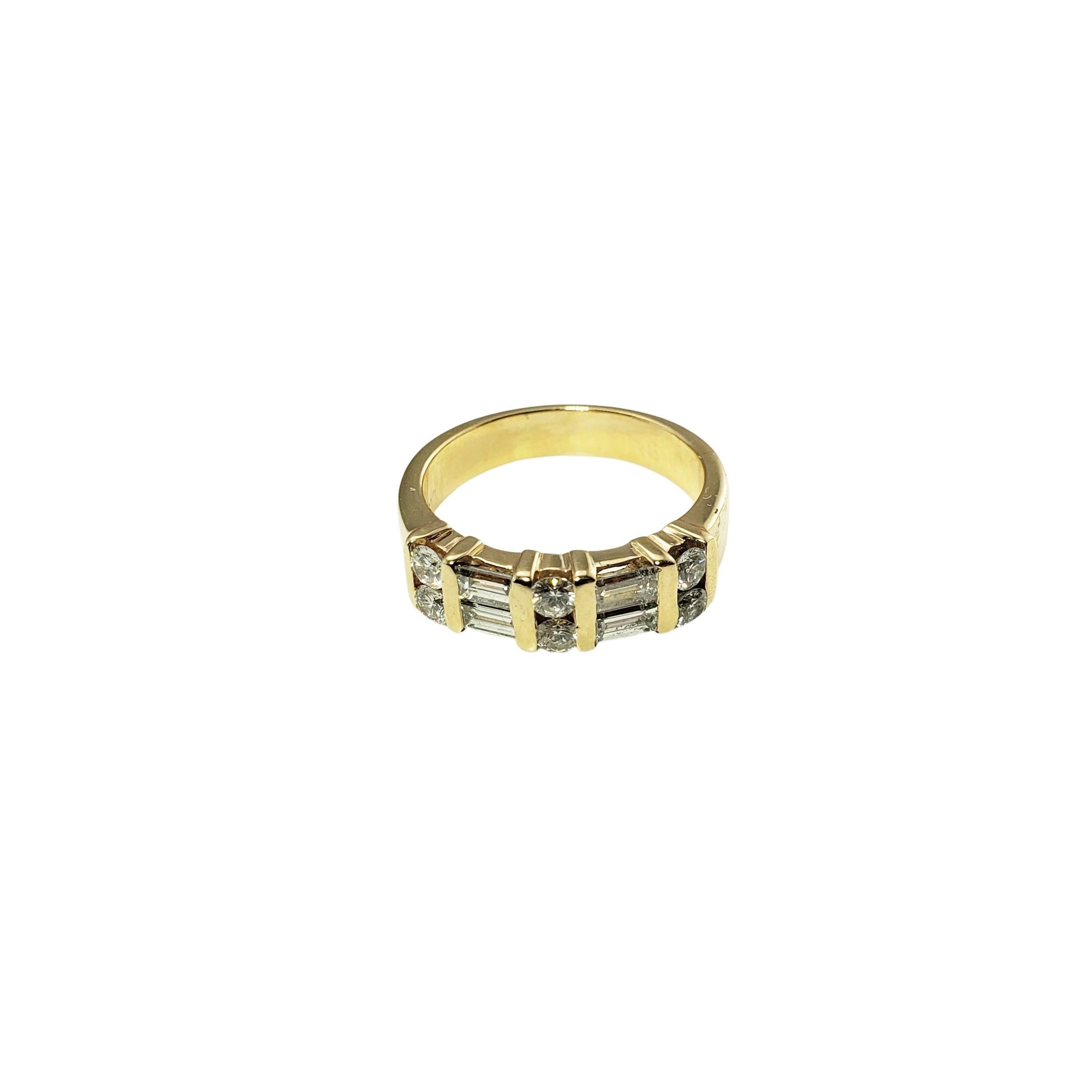 This sparkling ring features six round brilliant cut diamonds and four baguette diamonds set in classic 14K yellow gold.

Width:  5 mm.

Shank:  3 mm.

Approximate total diamond weight: .84  ct.

Diamond clarity: VS2

Diamond color:  G

Ring Size:  