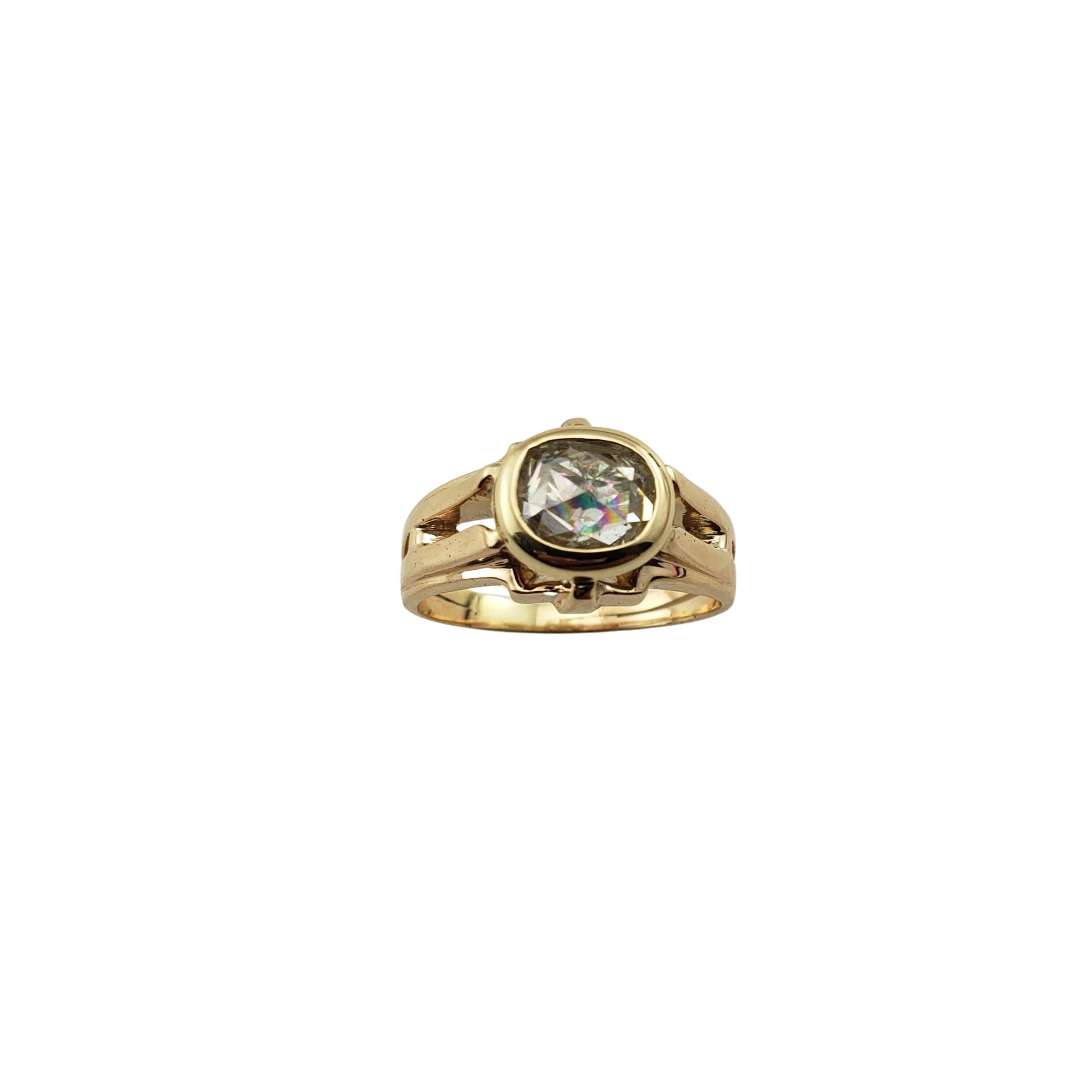 14 Karat Rose and Yellow Gold and Diamond Ring Size 5.5

This sparkling ring features one rose cut diamond set in beautifully detailed 14K yellow gold bezel with rose gold band.  

 Width:  10 mm.  Shank:  2 mm.

Diamond grading done as accurately