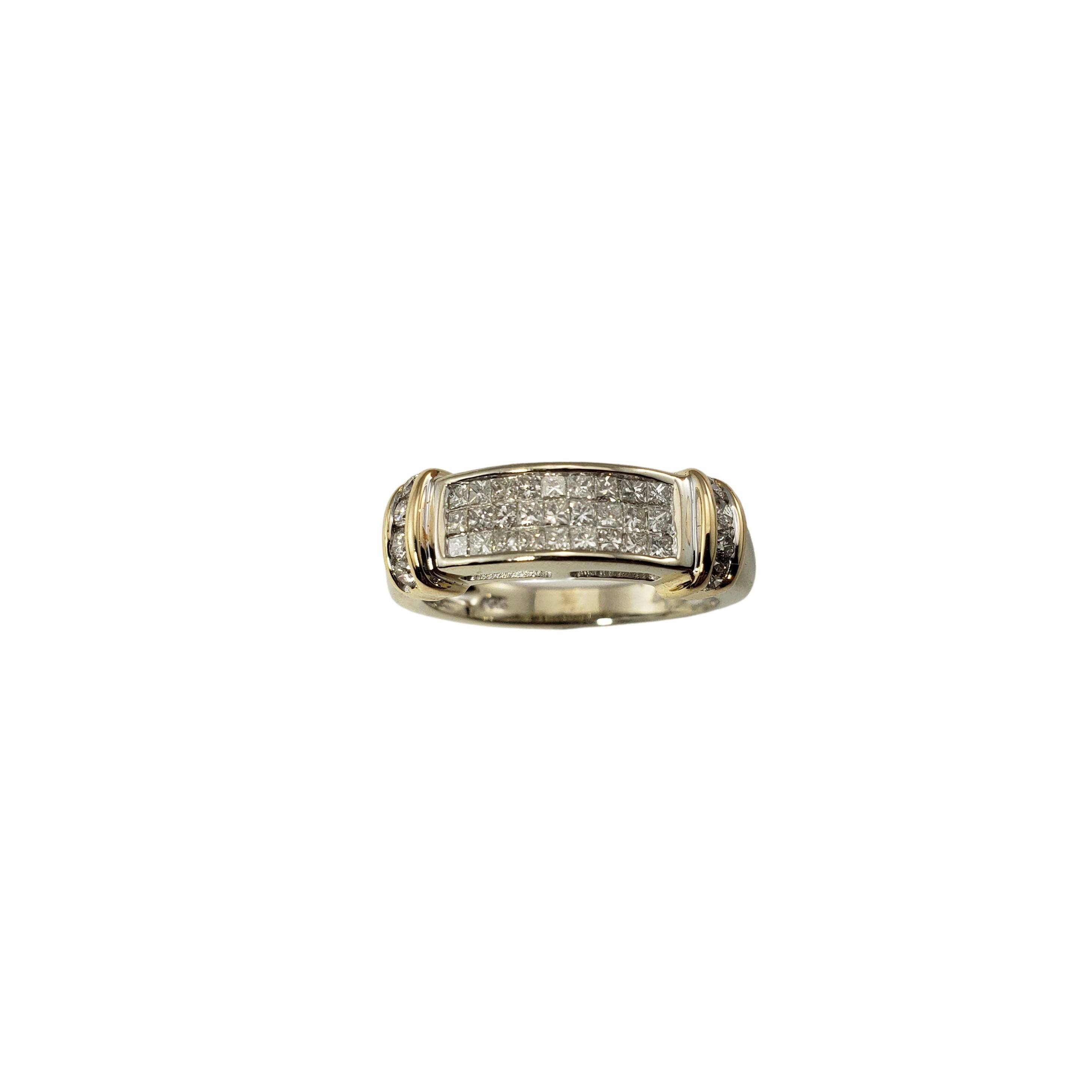 14 Karat Yellow Gold and Diamond Ring Size 7.25-

This sparkling ring features 27 princess cut diamonds and 8 round brilliant cut diamonds set in classic 14K yellow gold.  
Width:  7 mm.  Shank:  3 mm.

Approximate total diamond weight:  .70