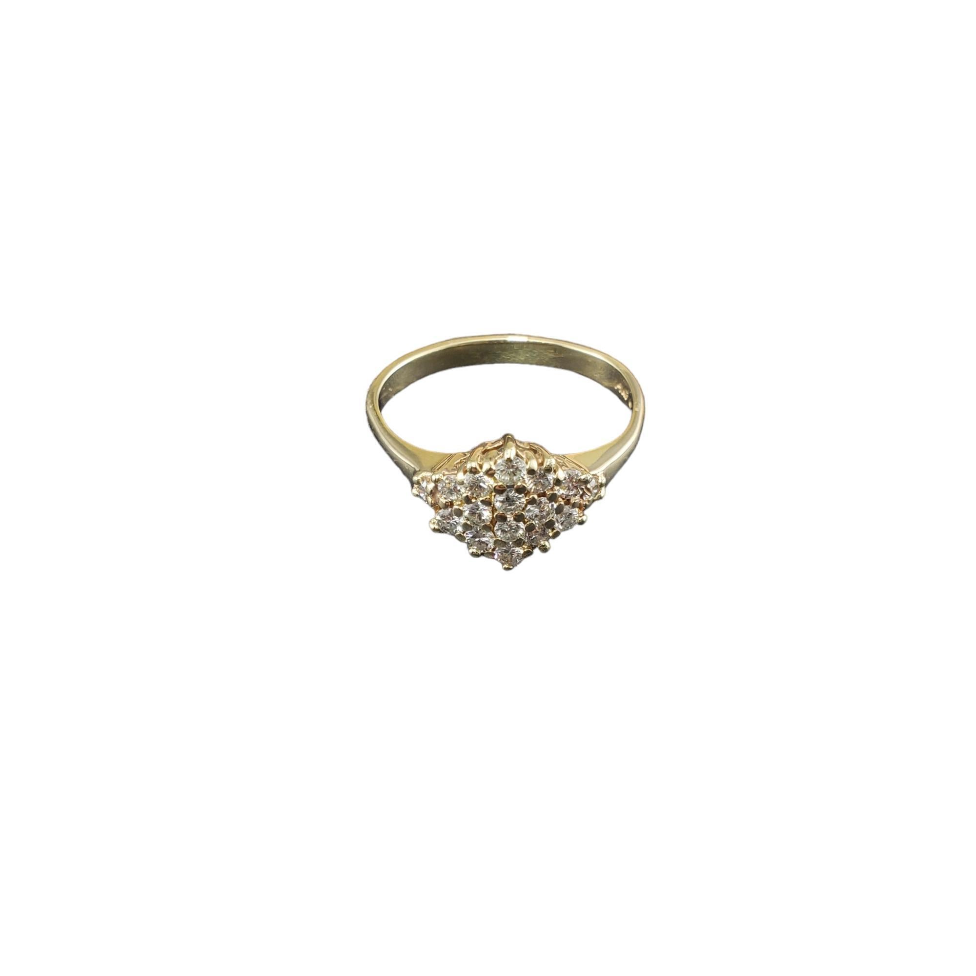 Vintage 14K Yellow Gold and Diamond Ring Size 7.5-

This sparkling ring features 16 round brilliant cut diamonds set in classic 14K yellow gold.  Width: 13 mm.
Shank: 2 mm.

Approximate total diamond weight: .25 ct.

Diamond color: G

Diamond