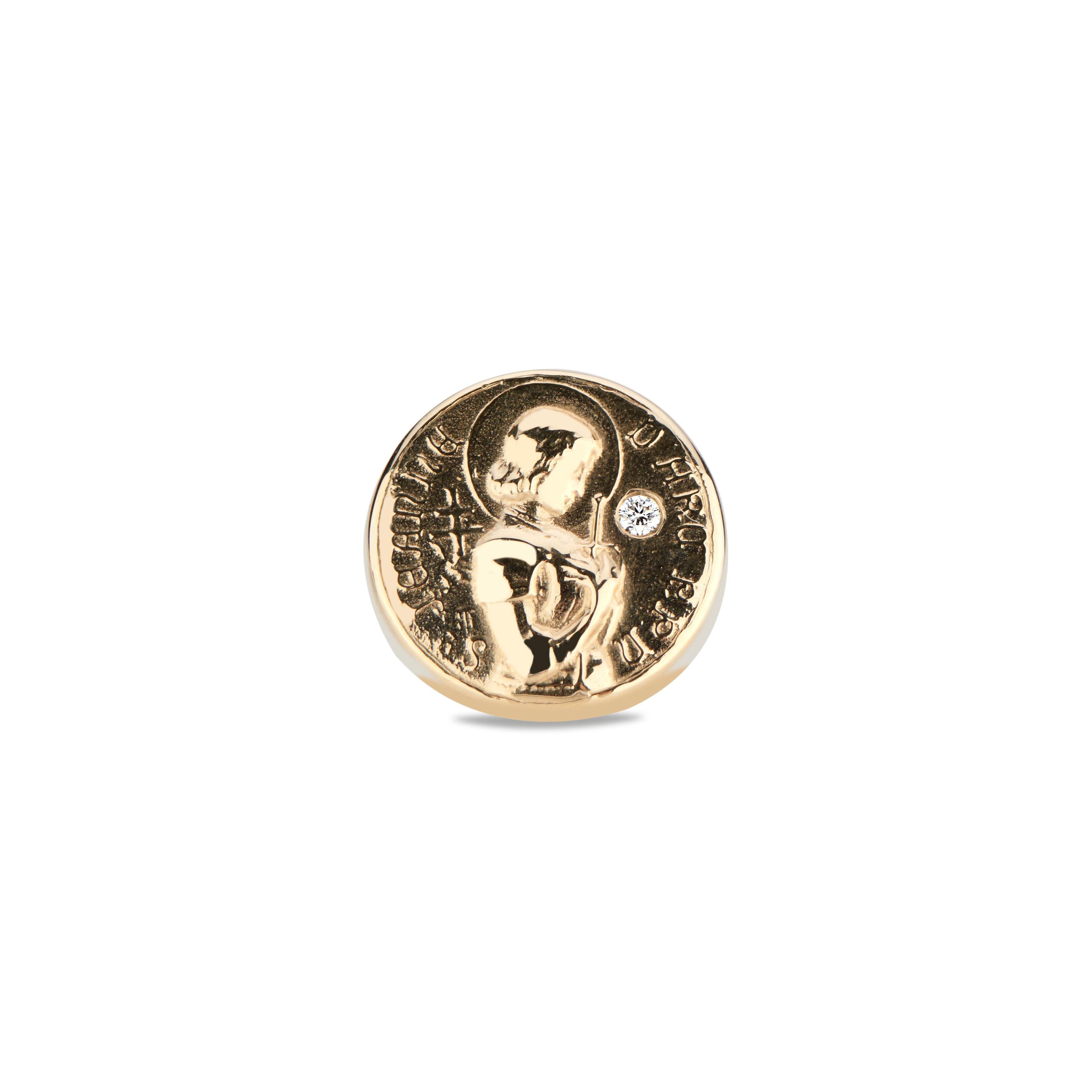 This 14k gold Saint Joan of Arc ring is created using one of DRU.'s most popular pieces, the Grace Medallion, which is cast from an antique medal of Saint Joan of Arc.  Saint Joan is the Patron Saint of France and an icon of bravery and
