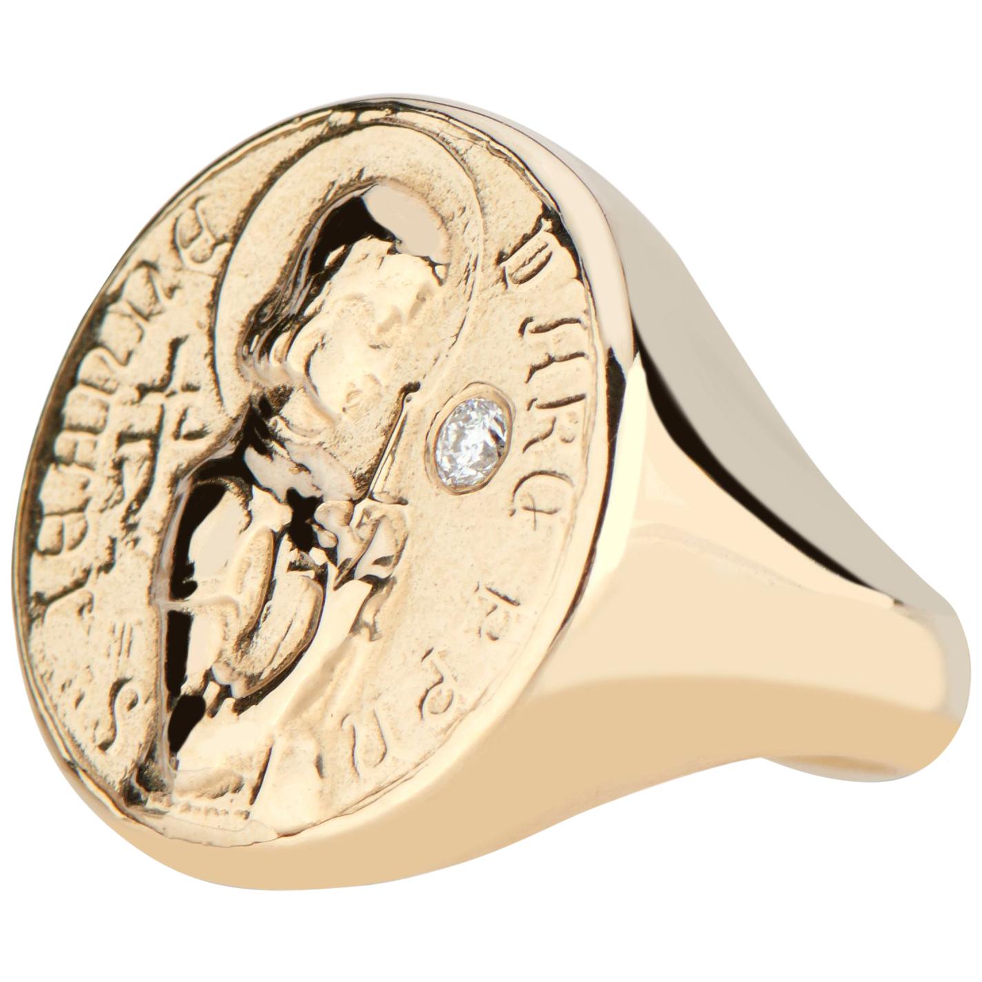 14 Karat Yellow Gold and Diamond St. Joan of Arc Signet Ring Cast from Antique For Sale