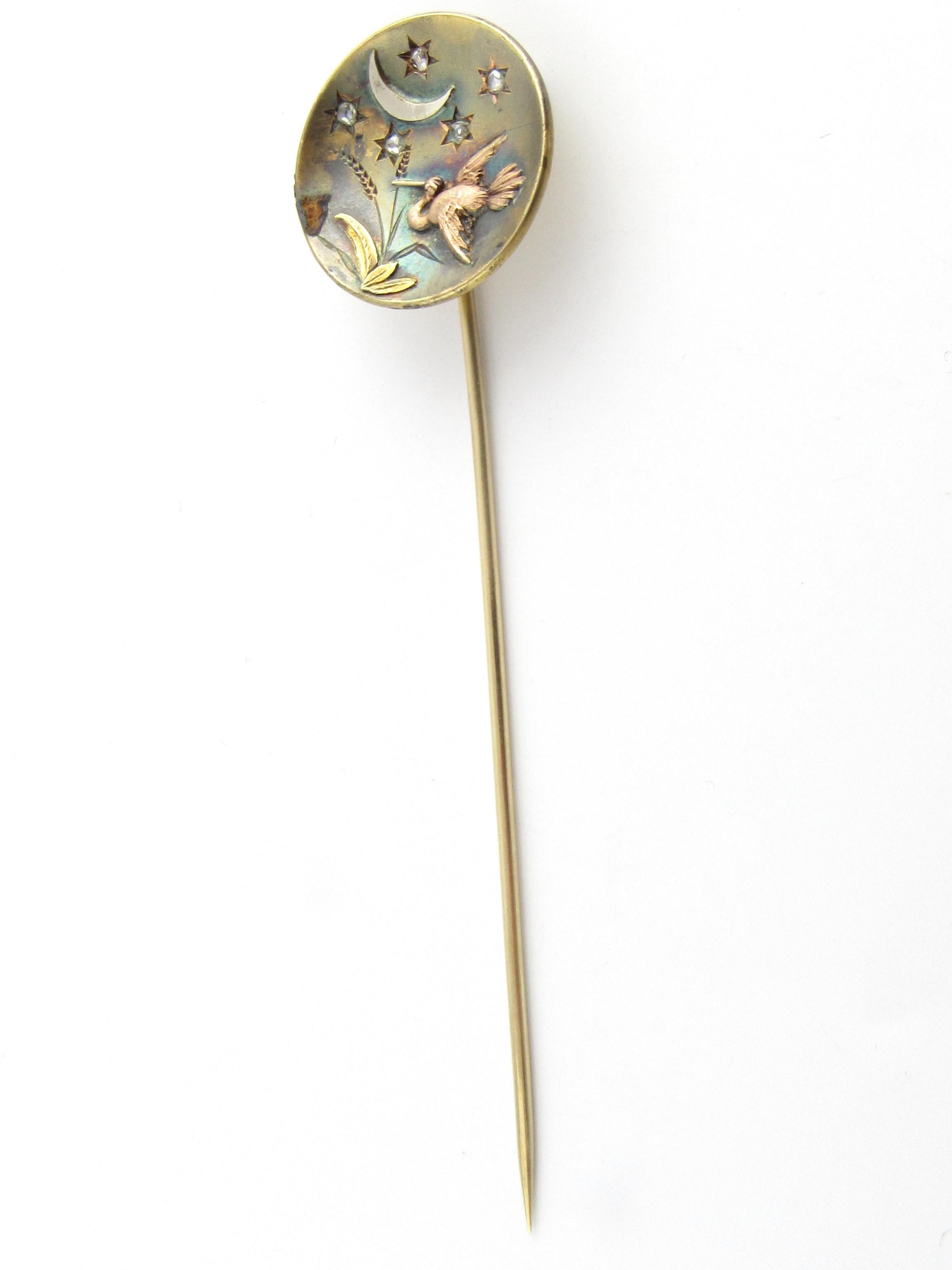 Vintage 14 Karat Yellow Gold and Diamond Stick Pin

This stunning stick pin features an elegant egret flying over a star-filled sky. Decorated with five round rose cut diamonds and set in classic 14K yellow gold.

Approximate total diamond weight: