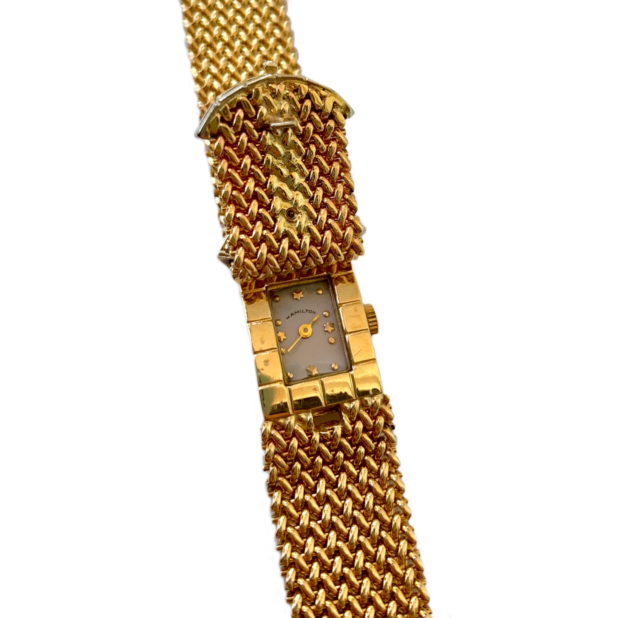 Modern Hamilton 14 Karat Yellow Gold and Diamond Vintage Bracelet Watch For Sale