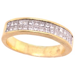 14 Karat Yellow Gold and Double Row Cushion Cut Diamond Wedding Band Ring