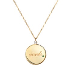 14 Karat Yellow Gold and Emerald and White Sapphire Engraved Medallion on Chain