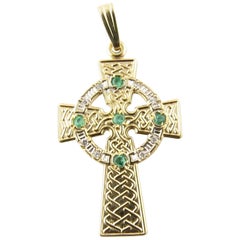 14 Karat Yellow Gold and Emerald Celtic Cross Pendant