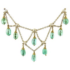 14 Karat Yellow Gold and Emerald Drop Bead Seed Pearl Necklace