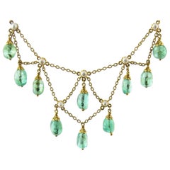 14 Karat Yellow Gold and Emerald Drop Bead Seed Pearl Necklace 14 Karat Yellow Gold and Emerald Drop Bead Seed Pearl Necklace