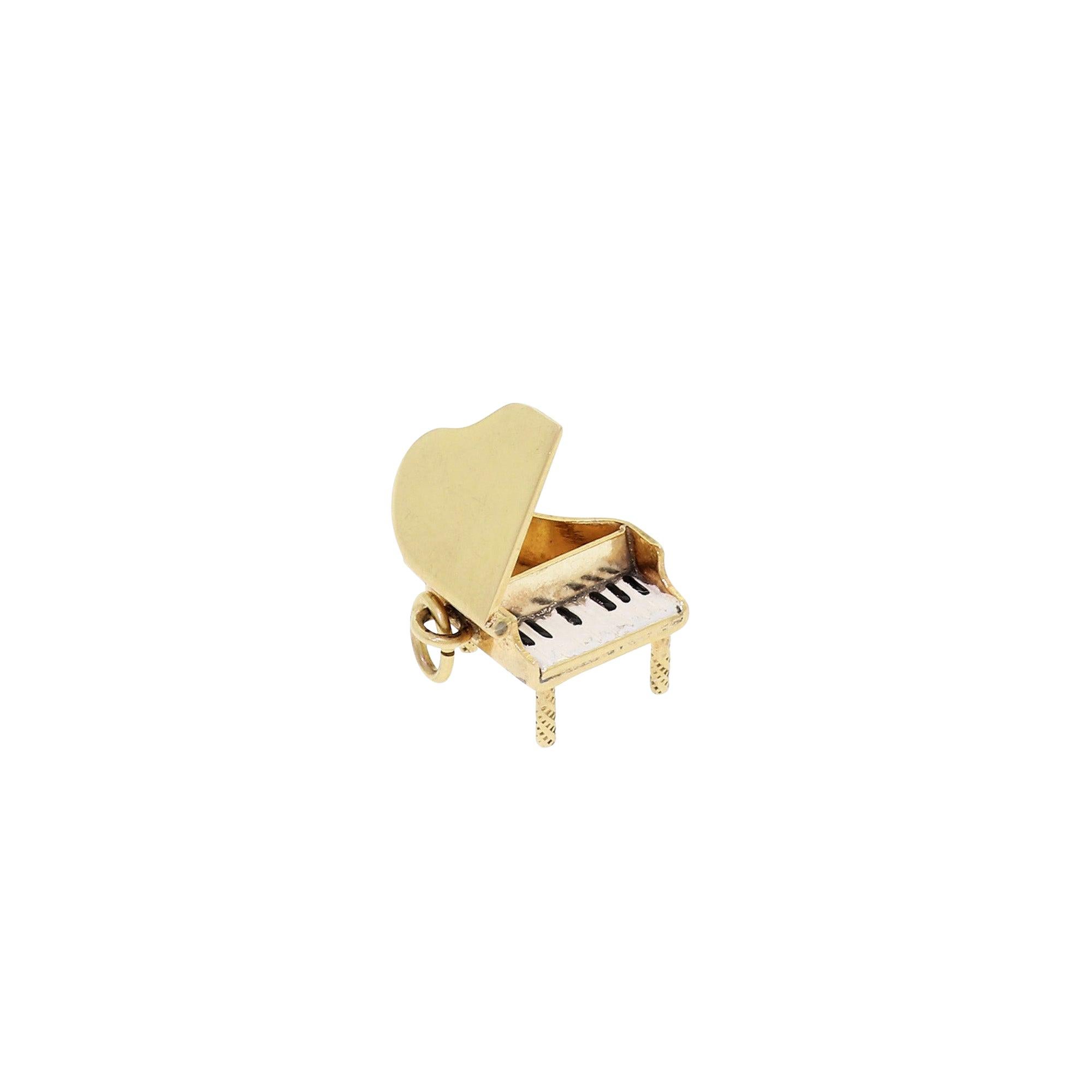 14K Yellow Gold & Enamel Baby Grand Piano Vintage Articulated Charm For Bracelet