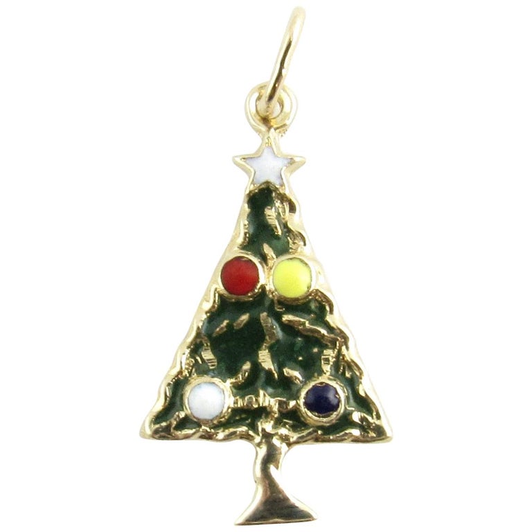 14 Karat Yellow Gold and Enamel Christmas Tree Charm at 1stDibs