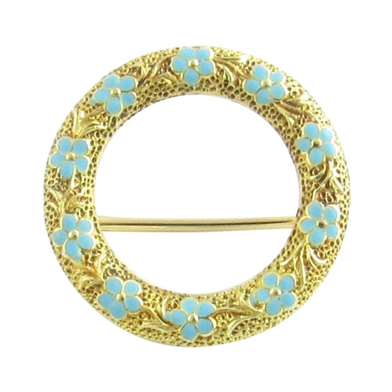 14 Karat Yellow Gold and Enamel Floral Circle Pin or Brooch