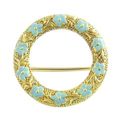 Vintage 14 Karat Yellow Gold and Enamel Floral Circle Pin or Brooch