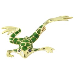 Vintage 14 Karat Yellow Gold and Enamel Frog Brooch/Pin