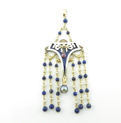 14 Karat Yellow Gold and Enamel Lapis, Ruby, Pearl and Diamond Pendant