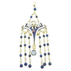 14 Karat Yellow Gold and Enamel Lapis, Ruby, Pearl and Diamond Pendant