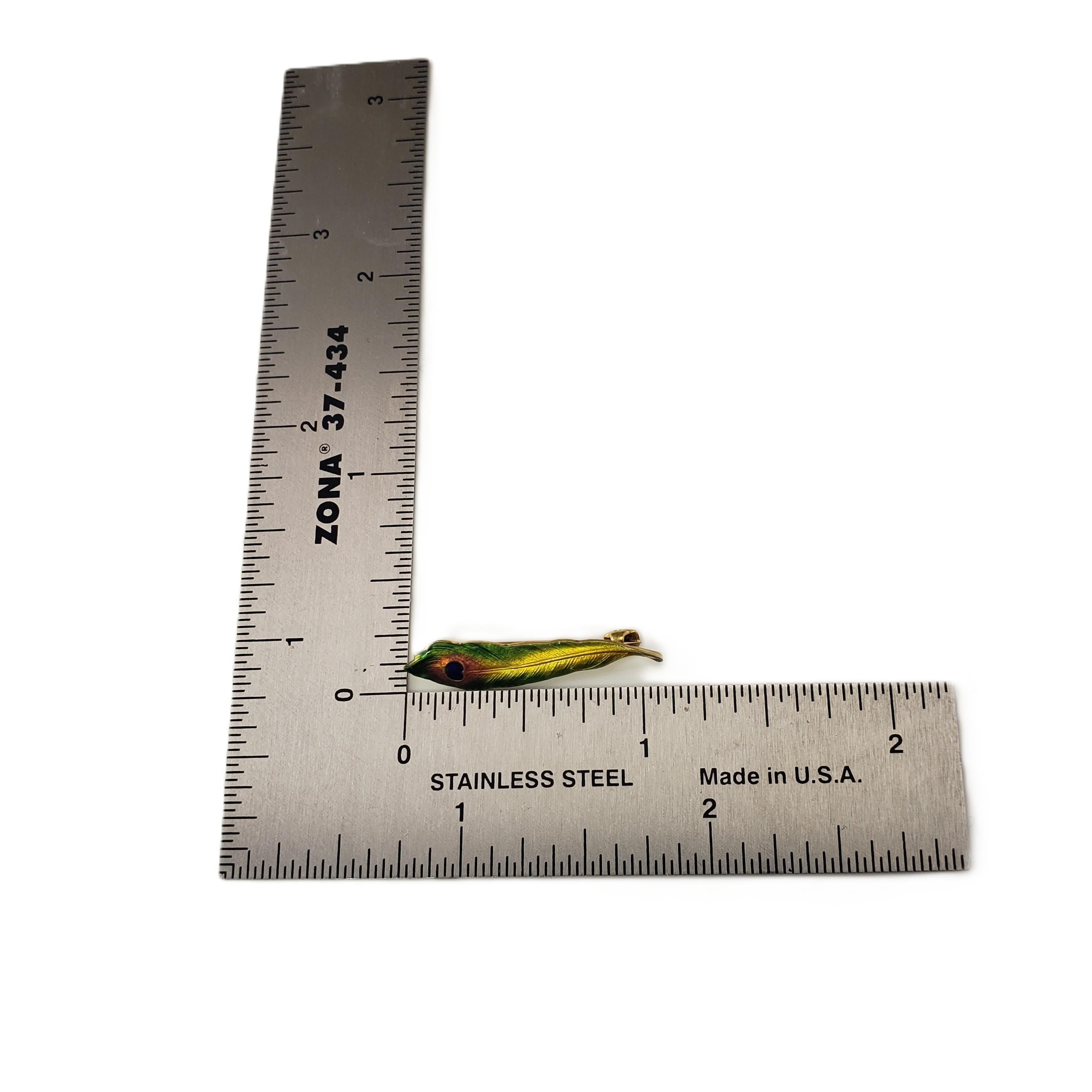 14 Karat Yellow Gold and Enamel Peacock Feather Pin #21125 For Sale 2