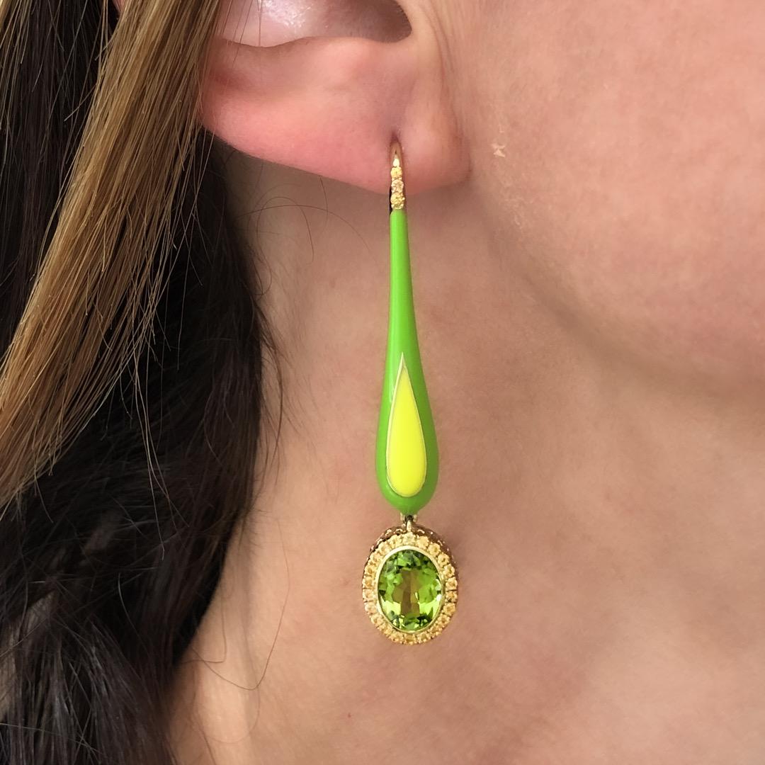 Contemporary 14 Karat Yellow Gold and Enamel Peridot and Sapphire Dangle Earrings For Sale