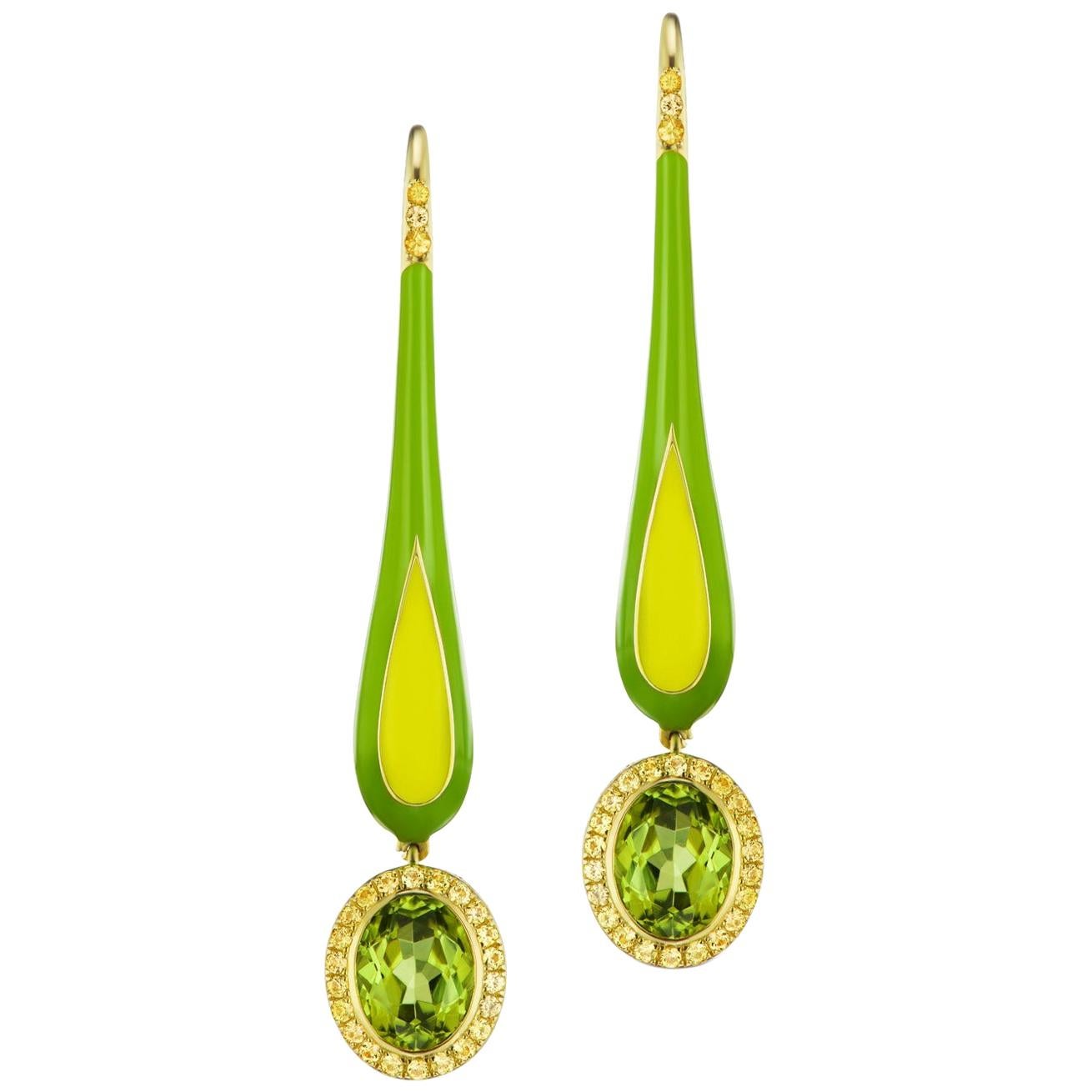 14 Karat Yellow Gold and Enamel Peridot and Sapphire Dangle Earrings For Sale