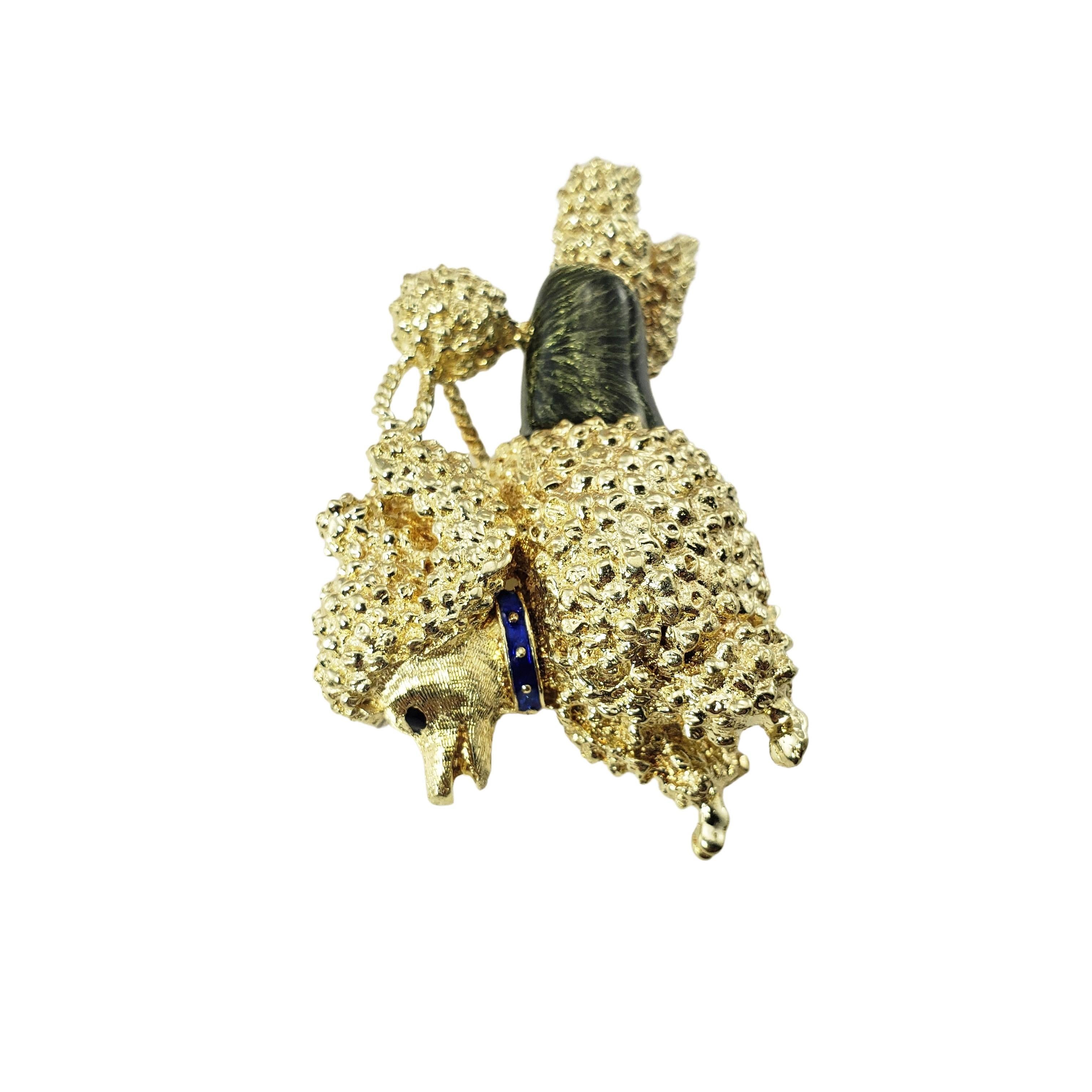 Vintage 14 Karat Yellow Gold and Enamel Poodle Brooch/Bin-

This lovely 14K yellow gold brooch features a beautifully crafted poodle accented with colorful blue and green enamel.

Size: 44 mm x 30 mm

Weight:  12.8 dwt. /  20.0 gr.

Stamped: