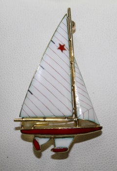 14 Karat Yellow Gold and Enamel Red and White Sailboat Brooch/Pin