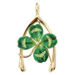 14 Karat Yellow Gold and Enamel Shamrock Wishbone Brooch/Pin