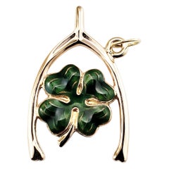 14 Karat Yellow Gold and Enamel Shamrock Wishbone Pendant