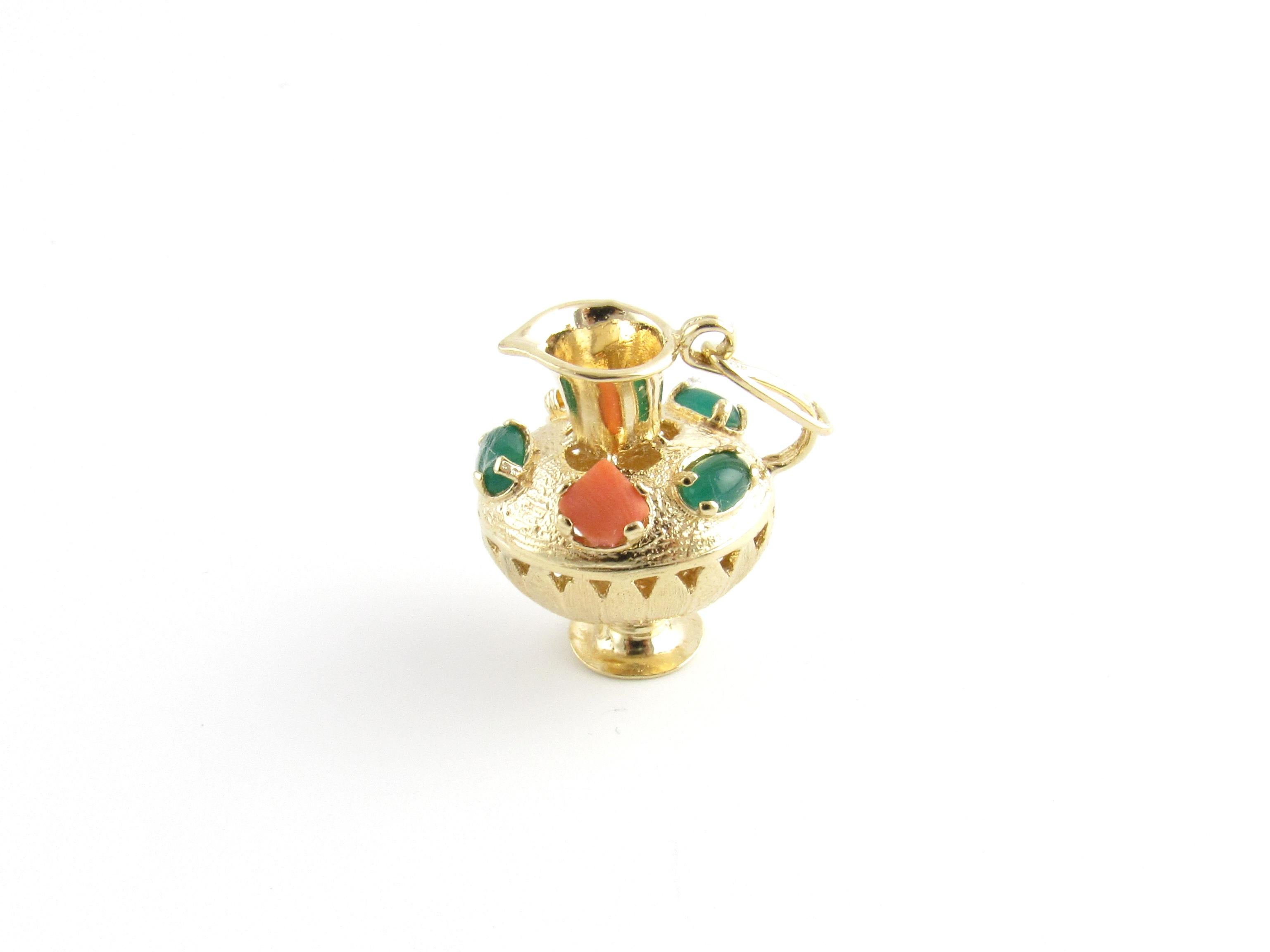 Vintage 14 Karat Yellow Gold and Gemstone Pitcher Charm

This stunning 3D charm features a miniature pitcher decorated with five gemstones (three jade, one citrine, one coral) set in beautifully detailed 14K yellow gold.

Size: 27 mm x 24
