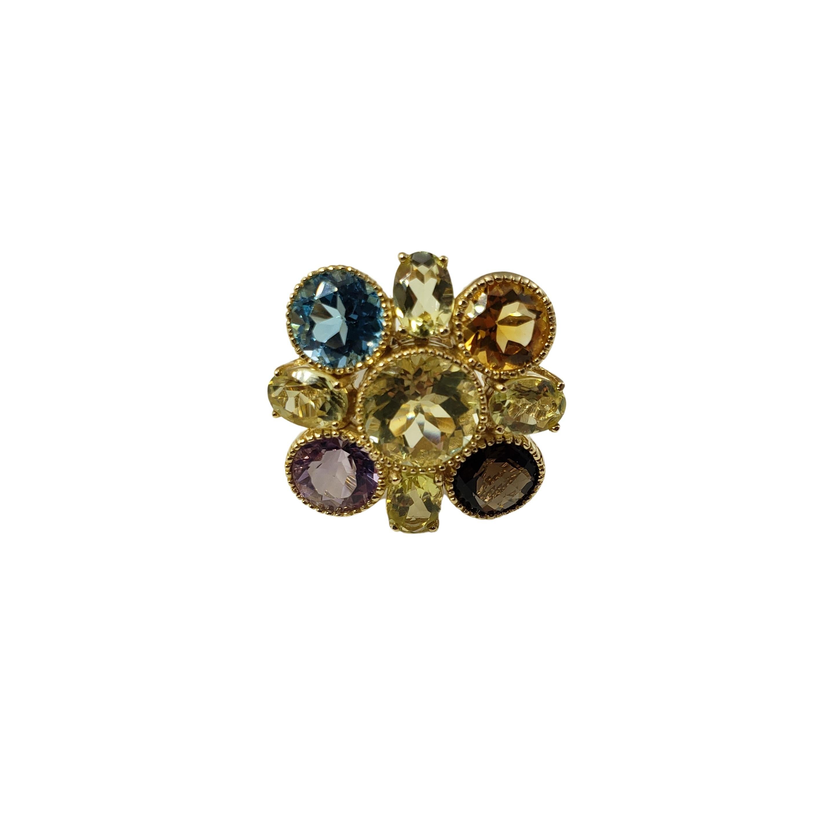 14 Karat Yellow Gold and Gemstone Ring Size 8.25 GAI Certified-

This stunning ring features topaz, amethyst, smokey quartz and citrine gemstones set in beautifully detailed 14K yellow gold.
Width:  26 mm.  Shank:  3 mm.

Total gemstone weight: 