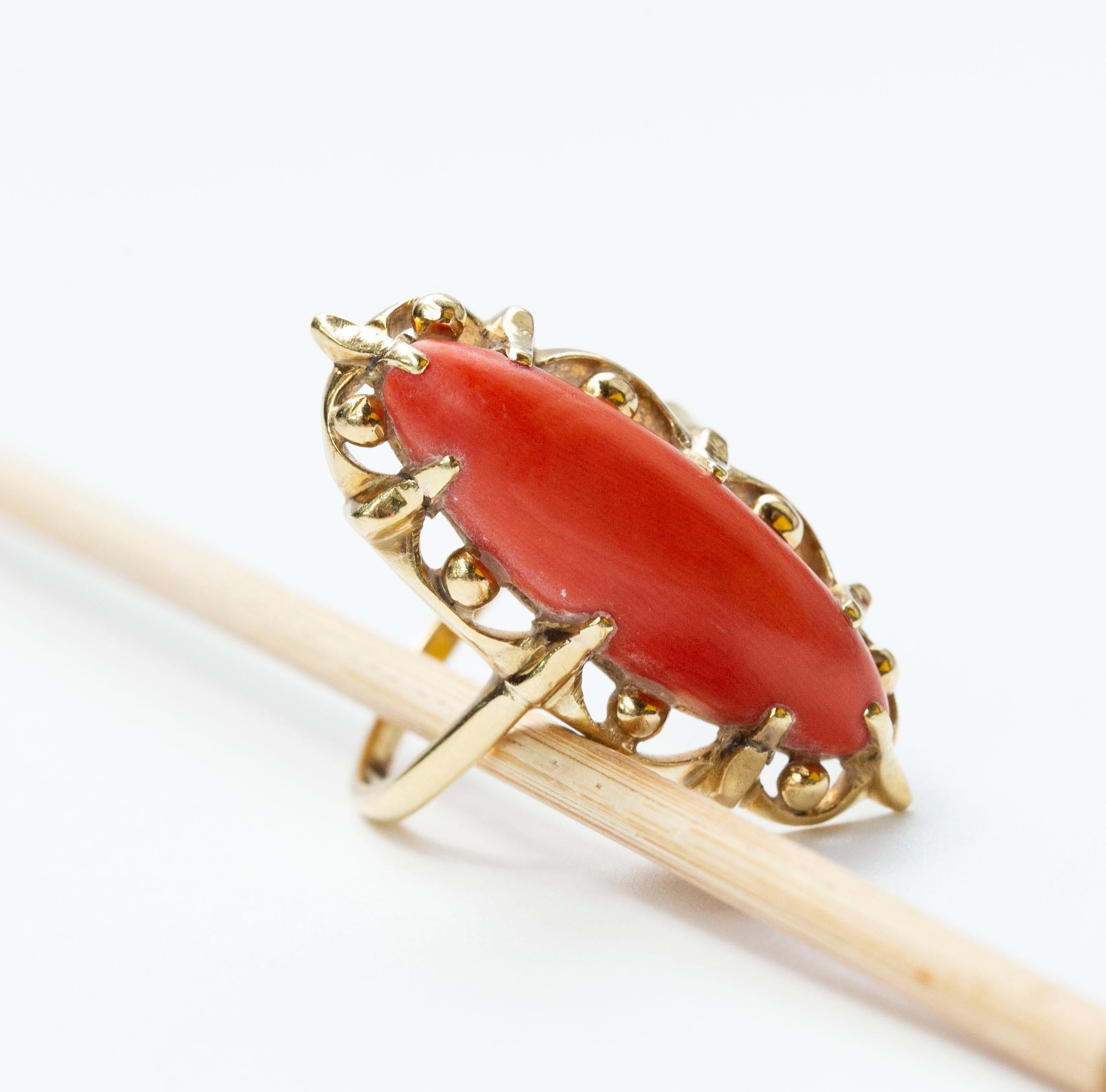 Modern 14 Karat Yellow Gold and Genuine Red Coral Ring 1970s For Sale