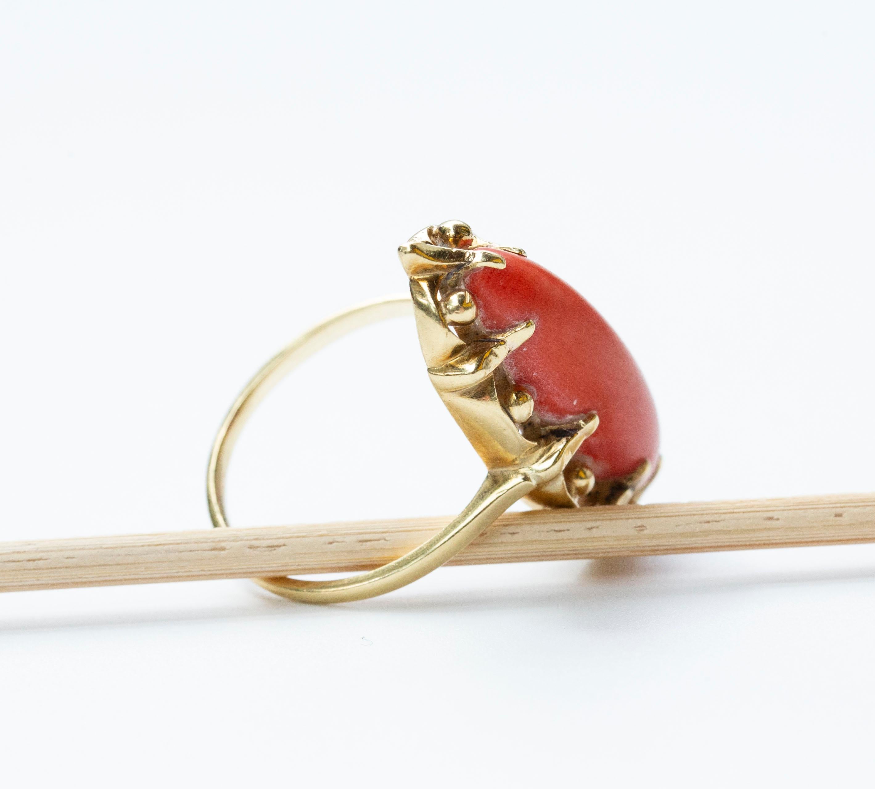Cabochon 14 Karat Yellow Gold and Genuine Red Coral Ring 1970s For Sale