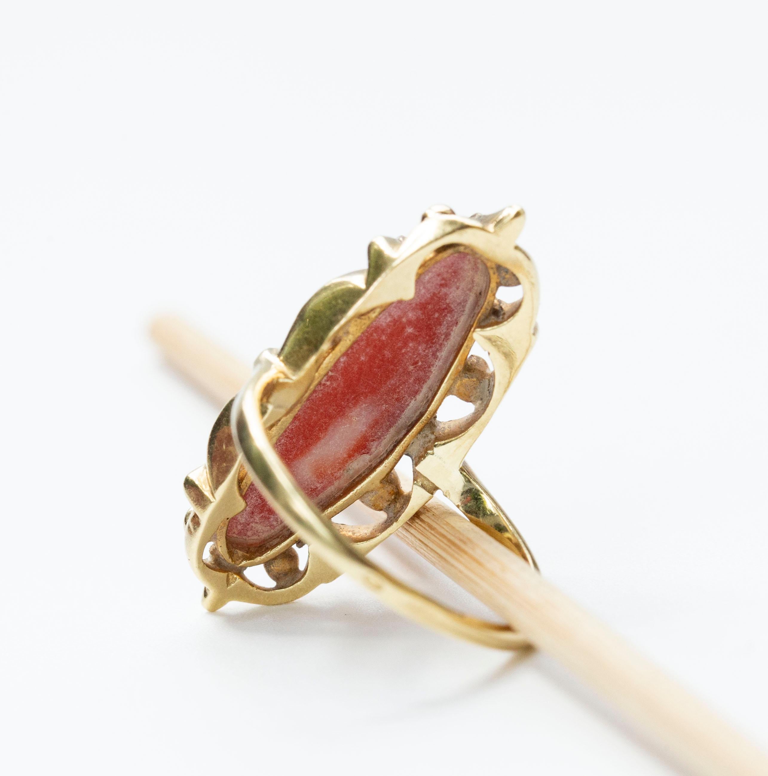 Women's or Men's 14 Karat Yellow Gold and Genuine Red Coral Ring 1970s For Sale