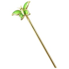 Vintage 14 Karat Yellow Gold and Green Enamel Butterfly Stick Pin