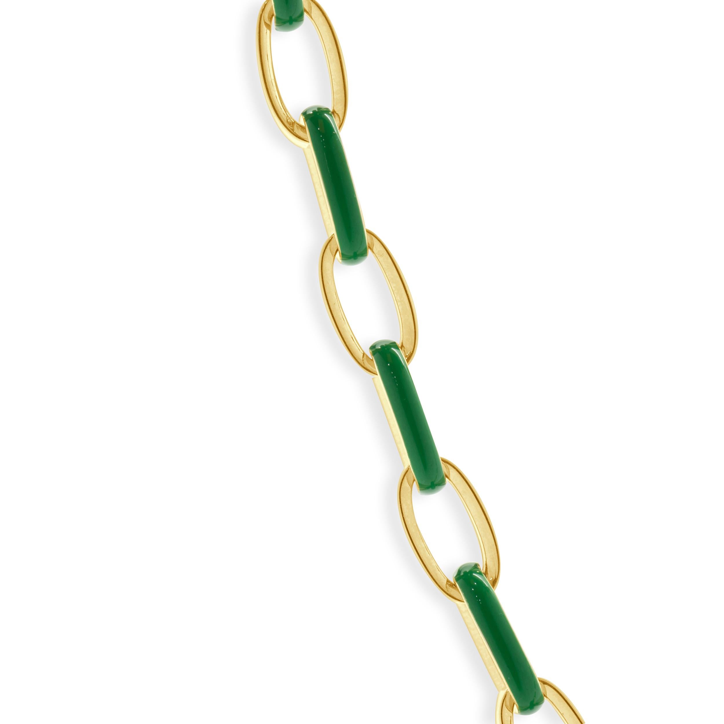 Collier à maillons ovales en or jaune 14 carats et émail vert Excellent état - En vente à Scottsdale, AZ