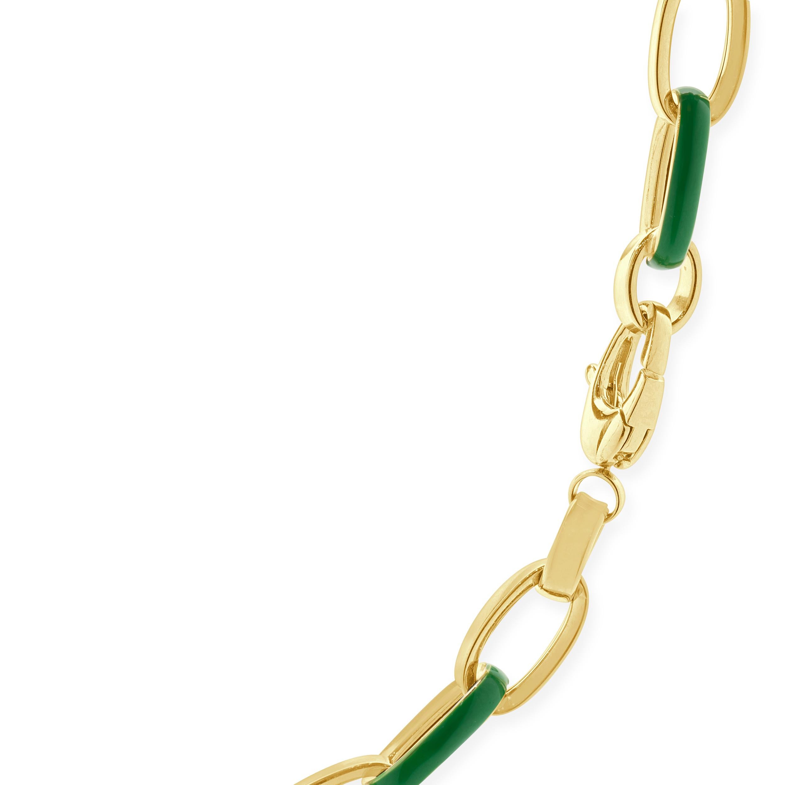 Collier à maillons ovales en or jaune 14 carats et émail vert Unisexe en vente